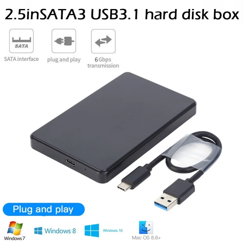 

Корпус для жесткого диска SATA USB3.1 2,5 дюйма, без драйверов, с кабелем USB3.0 - Type-C, 6 Гбит/с, подключение Plug and Play для жестких дисков SATA 1/2/3 или SSD.