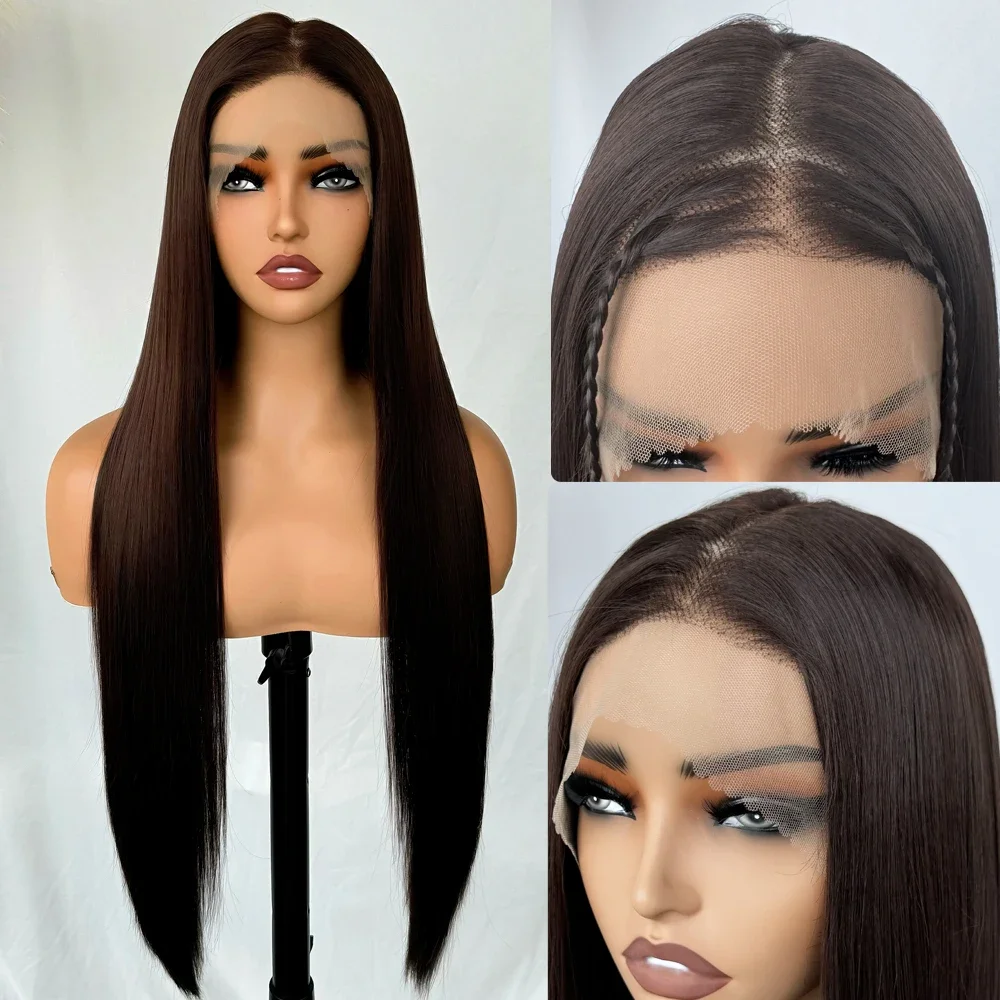 

X-TRESS Длинные прямые многослойные синтетические парики с детскими волосами Светло-коричневого цвета 13X6 Кружевная фронтальная свободная часть для женщин Ежедневное использование