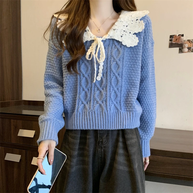 Winter Pullovers Women Patchwork Peter Pan Collar Bow Sweet Lovely All-match Knitting Chic Fluffy Design Autumn Tops Female Ins