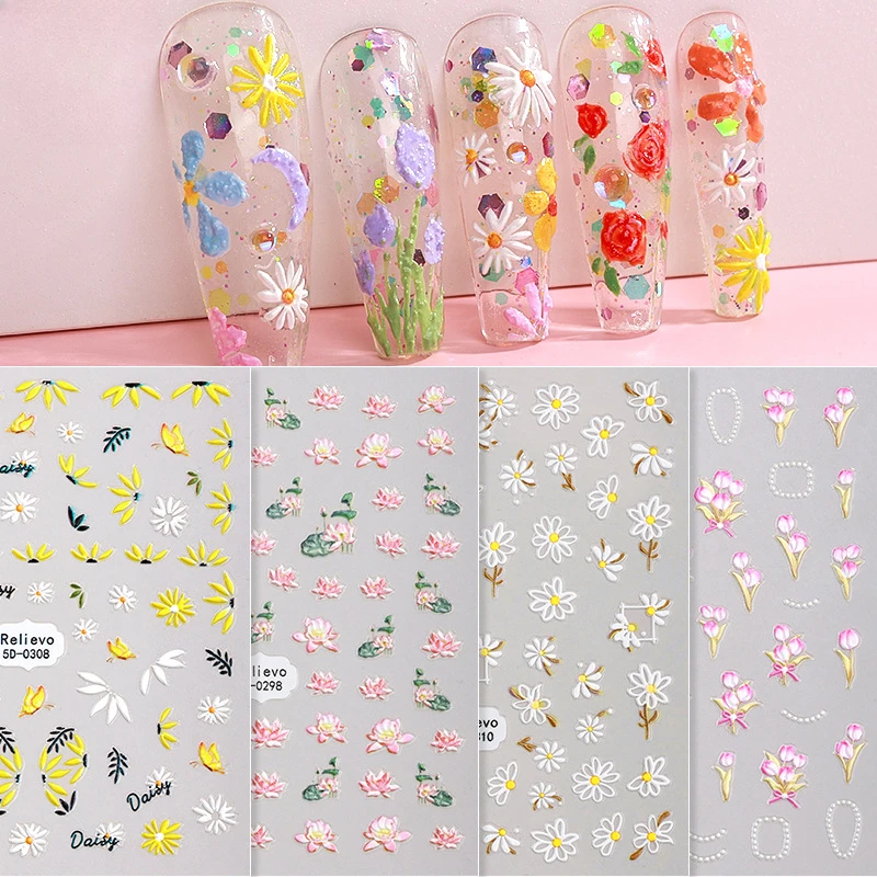 5D Relief Glitter Flowers Nail Stickers Water Nail Decal Leaf Tree Green Simple Summer Slider For Manicuring Nail Art Decoration