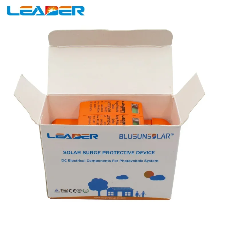 LEADER CE Approved 2P DC 500V 1000V 20-40KA SPD House Surge Protector Protective Arrester Device Din Rail Lightning Protection