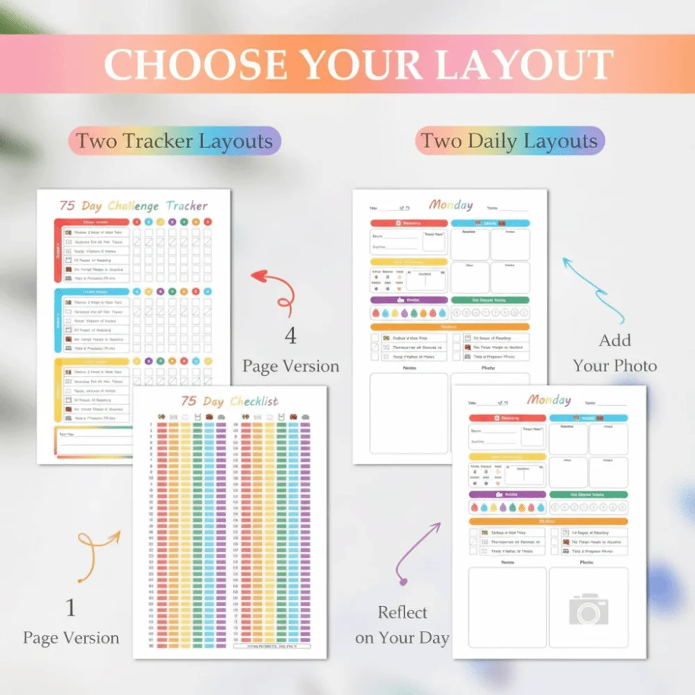A4 75 Soft Challenge Journal Progress Tracking Goal Setting 75 Day Soft Challenge Book Rainbow Pages Daily Planner 75 Tracker