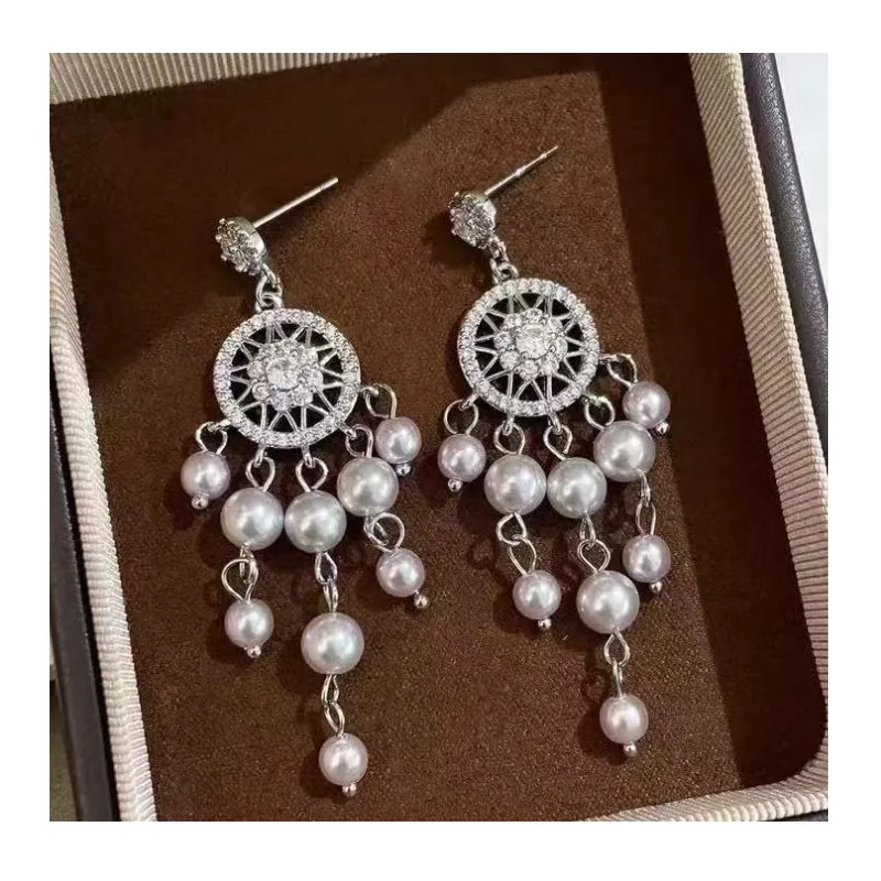 

French Micro-inlaid Zircon Pearl Fringed Earrings for Women's Exaggerated Vacation Style Niche Silver Needle Fashion Sense Earri
