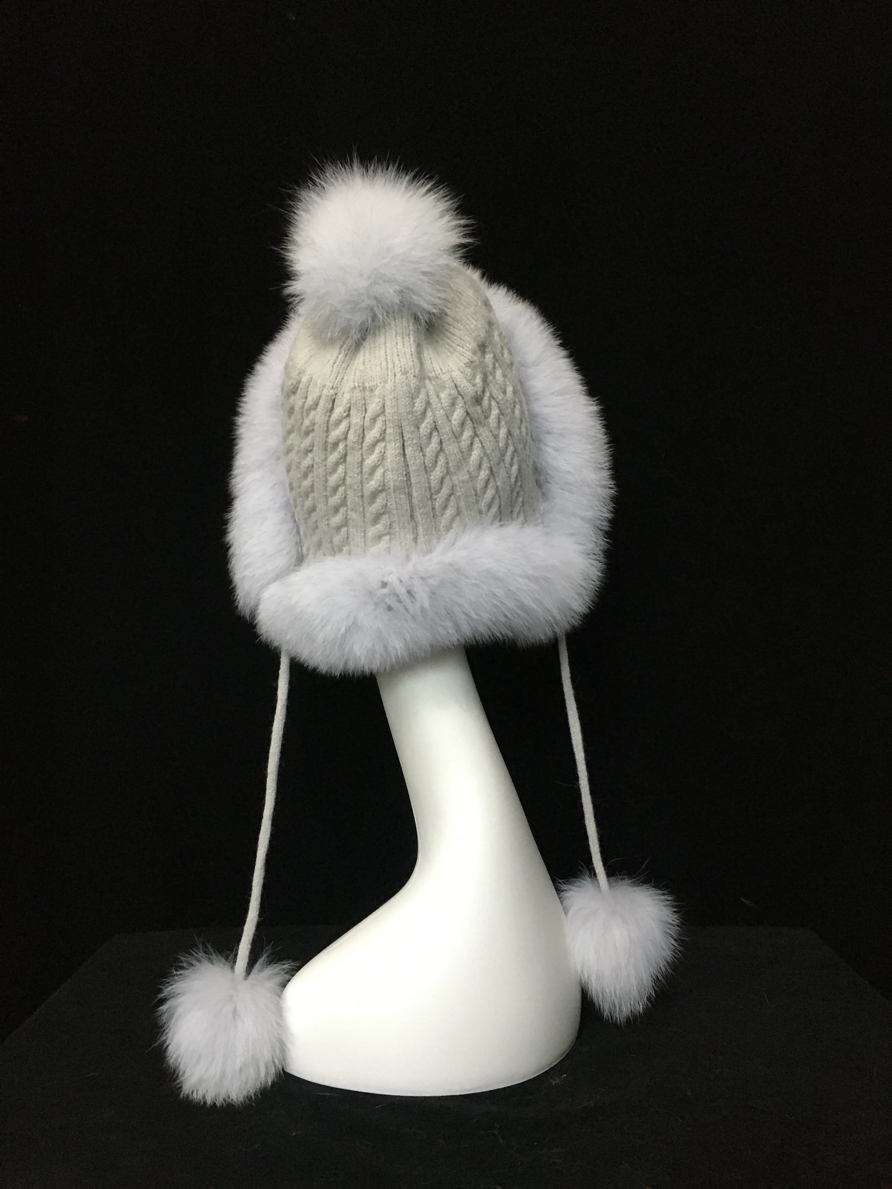 Wool Fox Trapper Hat with Ear-Flap, Fur Pom Poms, 210930, Stock on Sale