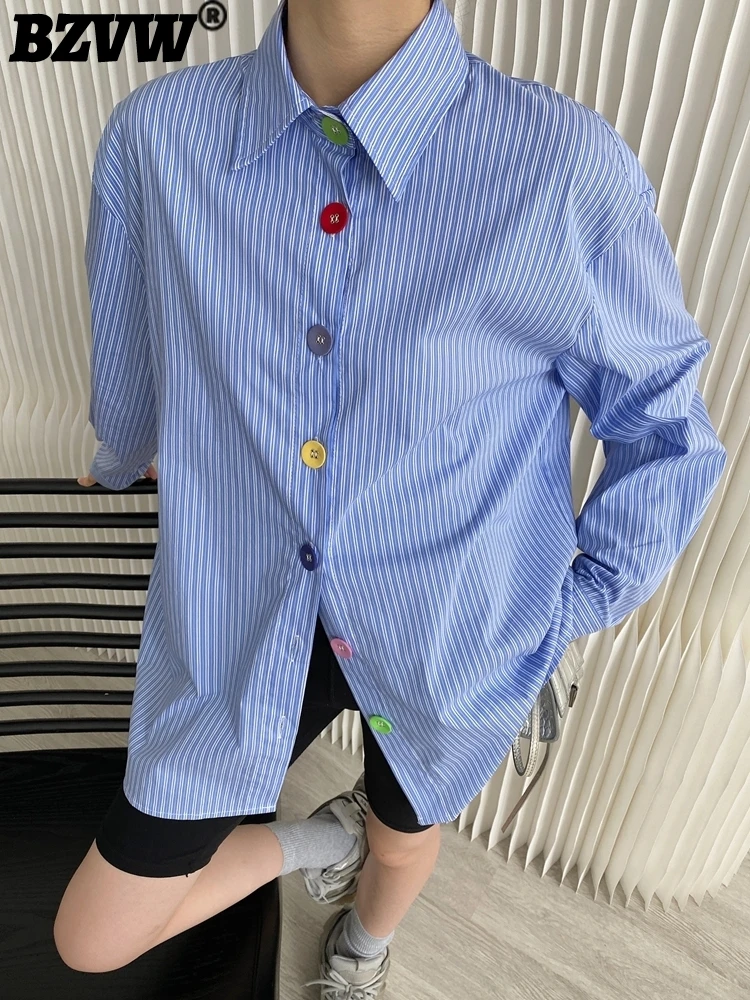 

Дизайнерские полосатые свободные рубашки BZVW для женщин, однобортные офисные женские блузки с отложным воротником, модные топы, новинка 2024, 25X4096