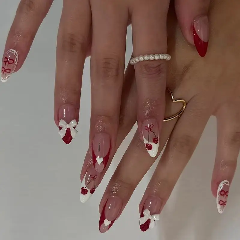 

24PCS Simple Red French Stick on Nails 3D Bowknot Sweet Cherry Love Heart False Nails Wearable Almond Fake Nails for Women Girls