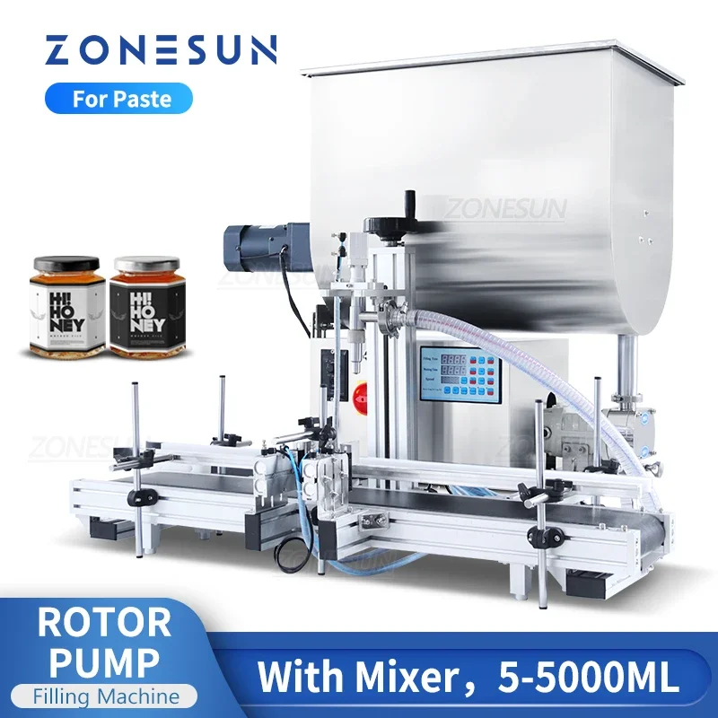 ZONESUN Paste Filling Machine Automatic Rotor Pump Hot Sauce Peanut Butter Soybean Ketchup With Mixer Hopper ZS-DTGT900U