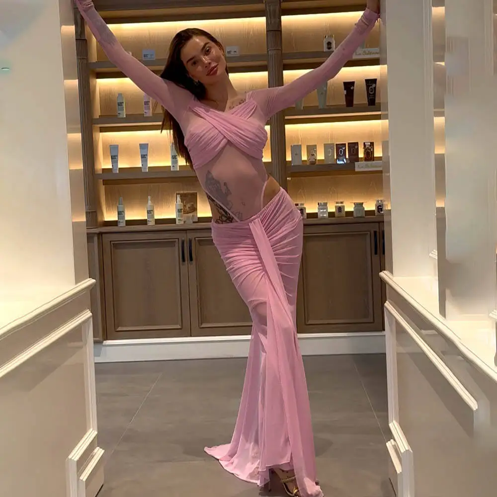 

Sexy See-tough Me Pure Color f-skirt Set Two-piece Suit Tight-fitting Bodysuit Faionable European Sle Women's Ense...