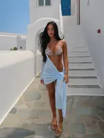 New Sexy Soild 3 Pcs Bikini With Cover Up Mesh Halter Bikini Set Summer Women White Tube Top with Skirt Suit Female