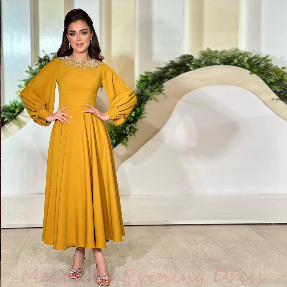 

Meiyijia O-Neck Pleats Beaded A-Line Long-Sleeves Ankle-Length فستانسهرة Arabia Sexy Evening Birthday Club Outfits Summer2024