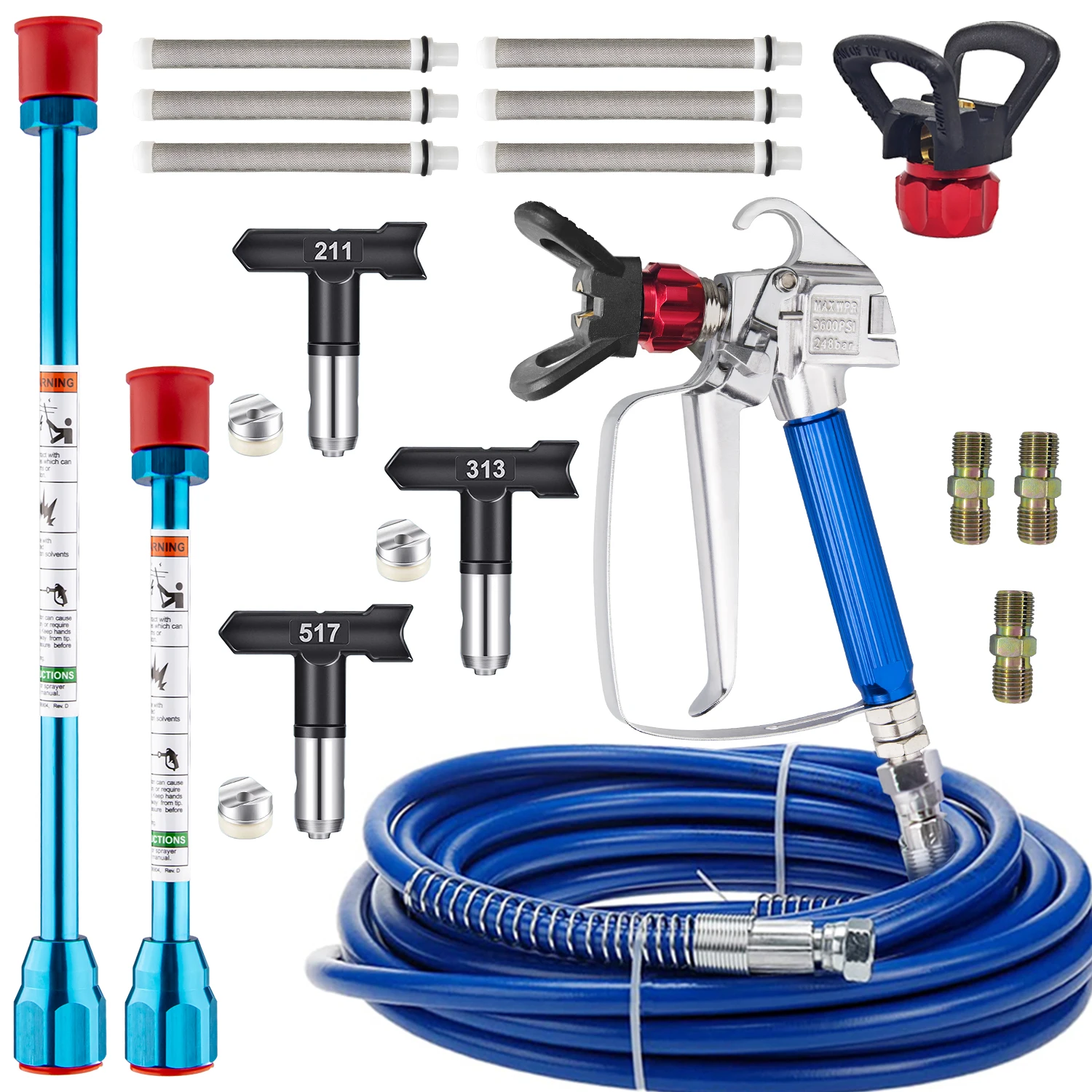 18-Piece Airless Paint Spray Gun Kit, 3600Psi Airless Spray Gun, Includes 32-Foot High-Pressure Hose, 3 Interchangeable Nozzles, 2 Extension Rods, 6 Filters, 2 Nozzle Holders, and 3 1/ 4inch Double-Ended Connectors