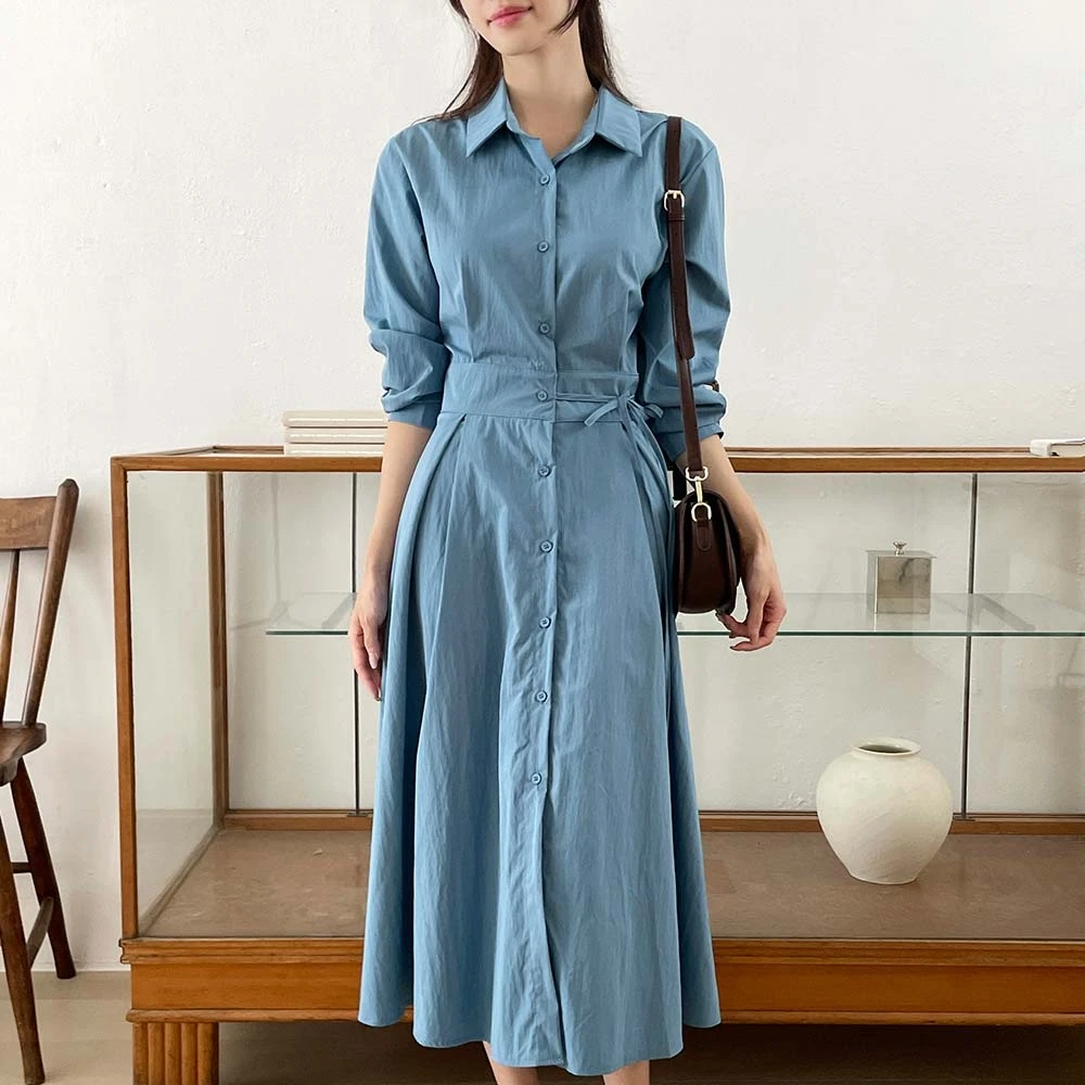 Women Korean Fashion Shirt Dress Spring Summer Elegant Button Down Dress Ength Empire Waist Casual Office Dress