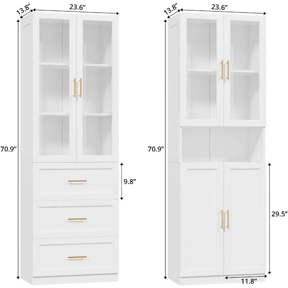 Bookcase with Glass Doors & Drawers, 5 Tier Adjustable Shelf, Modern Large Display Cabinet Set for Home Office,Living Room,White