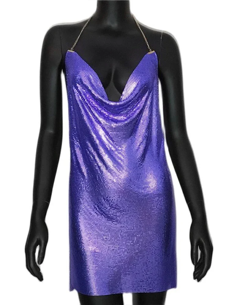 Vestido corto de lentejuelas con espalda descubierta para mujer, minivestido Sexy de corte bajo con arnés con abertura de malla metálica para discoteca, 2024