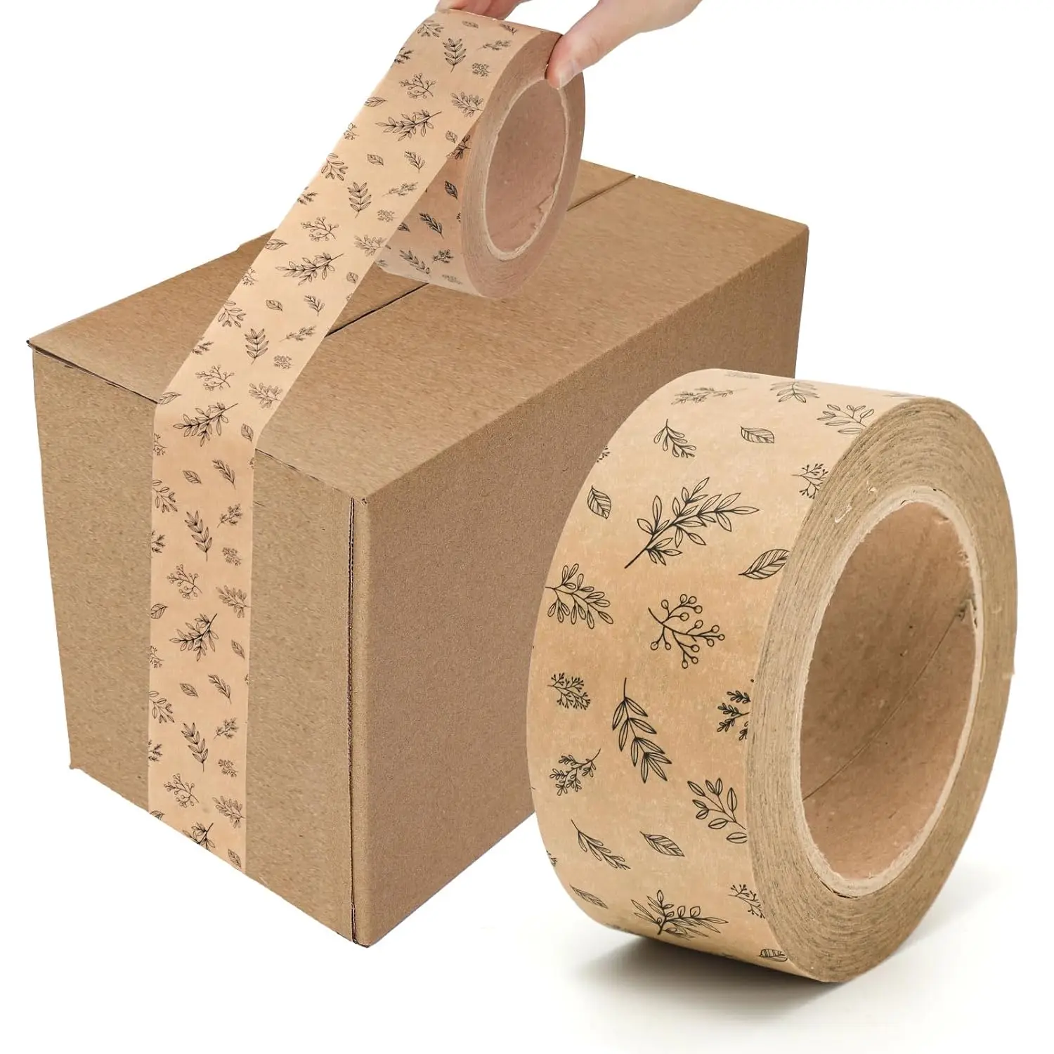 55 Yard Kraft Paper Packing Tape with Botanical Leaves Design, Waterproof for Shipping, DIY Crafts, and Box Decor