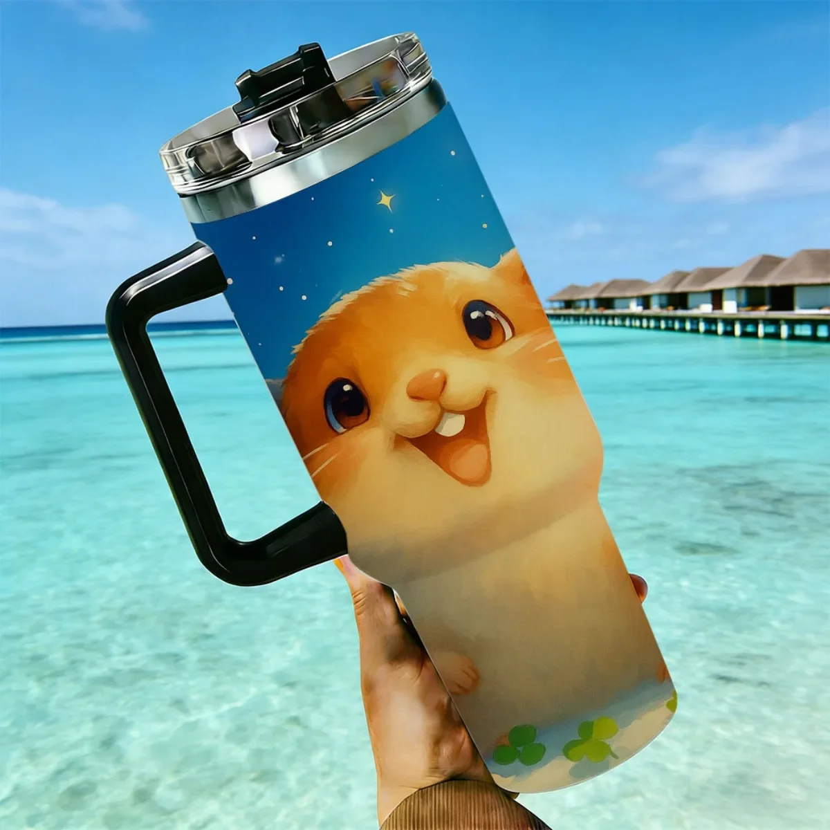 40oz Cute Hamster Clover Heart Starry Sky Print Stainless Steel Tumbler With Handle Straw Lid 24 Hours Cold Insulated Travel Water Cup