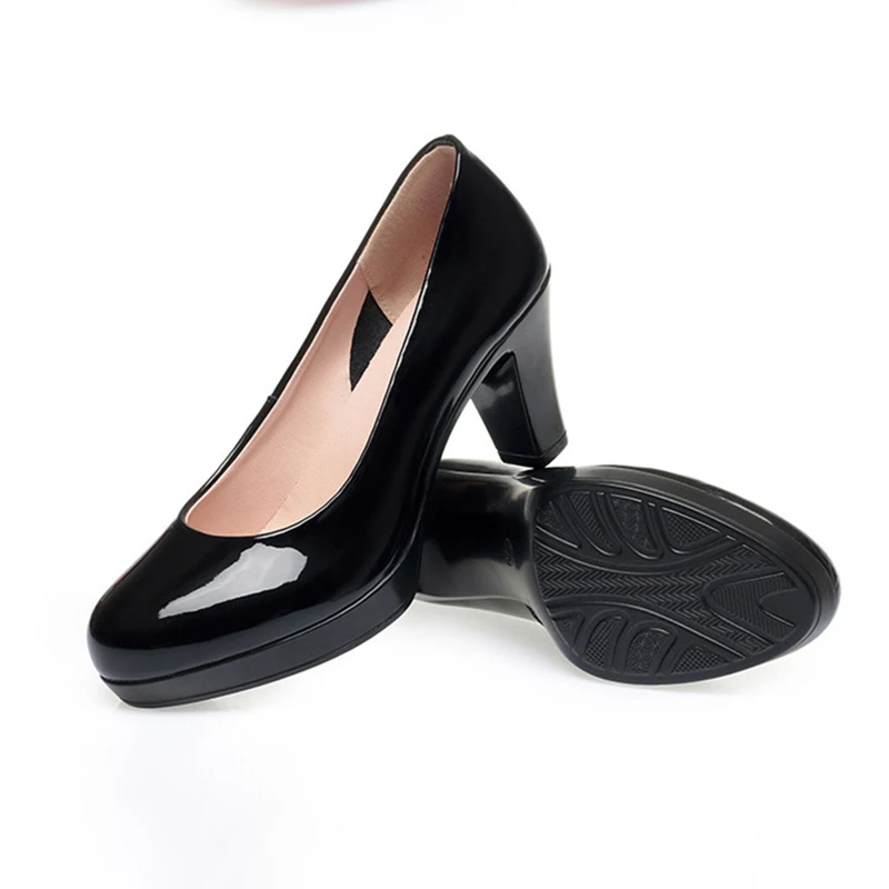 Professional Shallow Mouth Single Shoes For women Round Toe Thick Sole Non-slip Black Thick High Heel Work Shoes