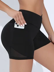 Women's Cross High Waist with Pockets Yoga Shorts Tummy Tuck Exercise Tight Shorts