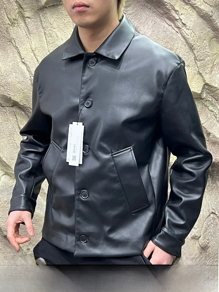 

Sli PU Leather Jaet Men's Faionable Collar Adstrative Busin Commute Waed Eco-Friendly Long Sve Coat