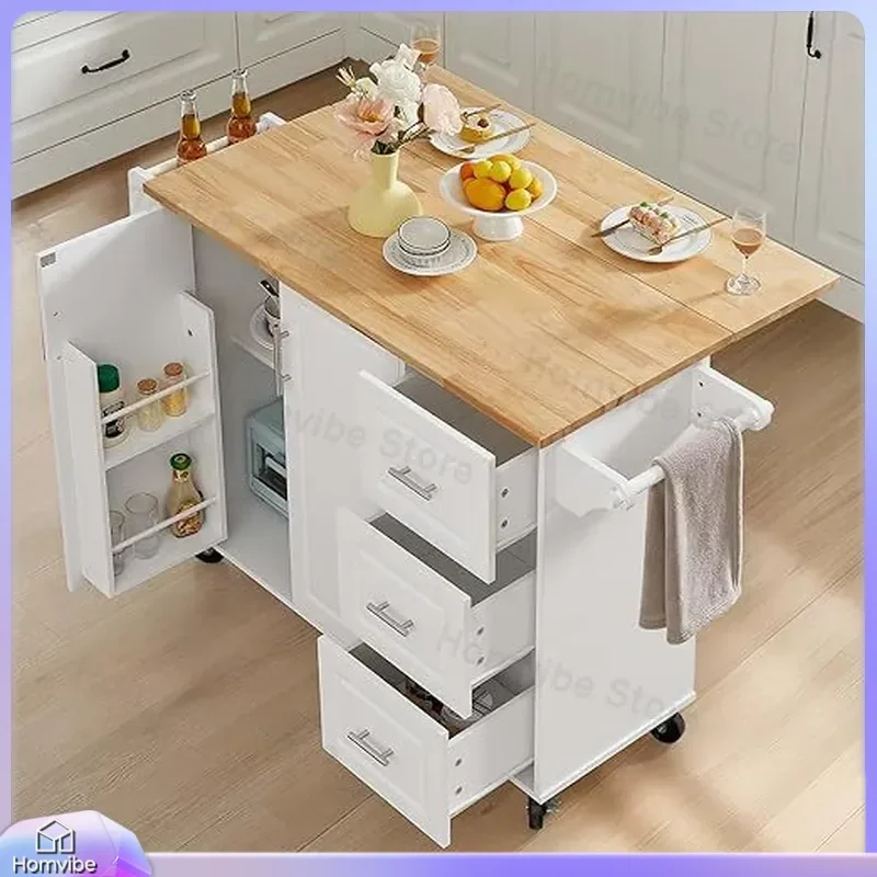 Modern Kitchen Island Table with Storage Movable Rolling Cart Multifunctional Cooking Prep Station for Small Apartment Hotel