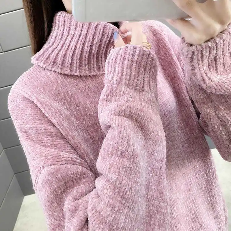 Chenille Turtleneck Sweater for Women Autumn Winter Korean Style Solid Color Thick Pullover Sweater Loose Lazy Style Sweater