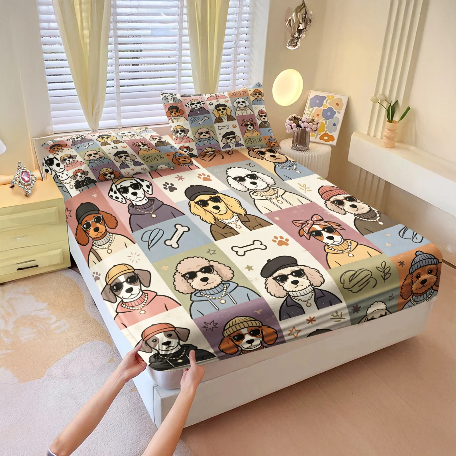 Cute Cool Dog Collage Fitted Sheet Set Pet Puppy Print Elastic Mattress Cover with Pillowcase Soft Polyester Deep Pocket Bedding