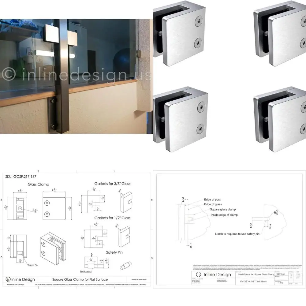 

Heavy Duty Satin Stainless Steel Square Glass Clamp, Fits 3/8, 1/2, 9/16 Thickness, Pack of 4