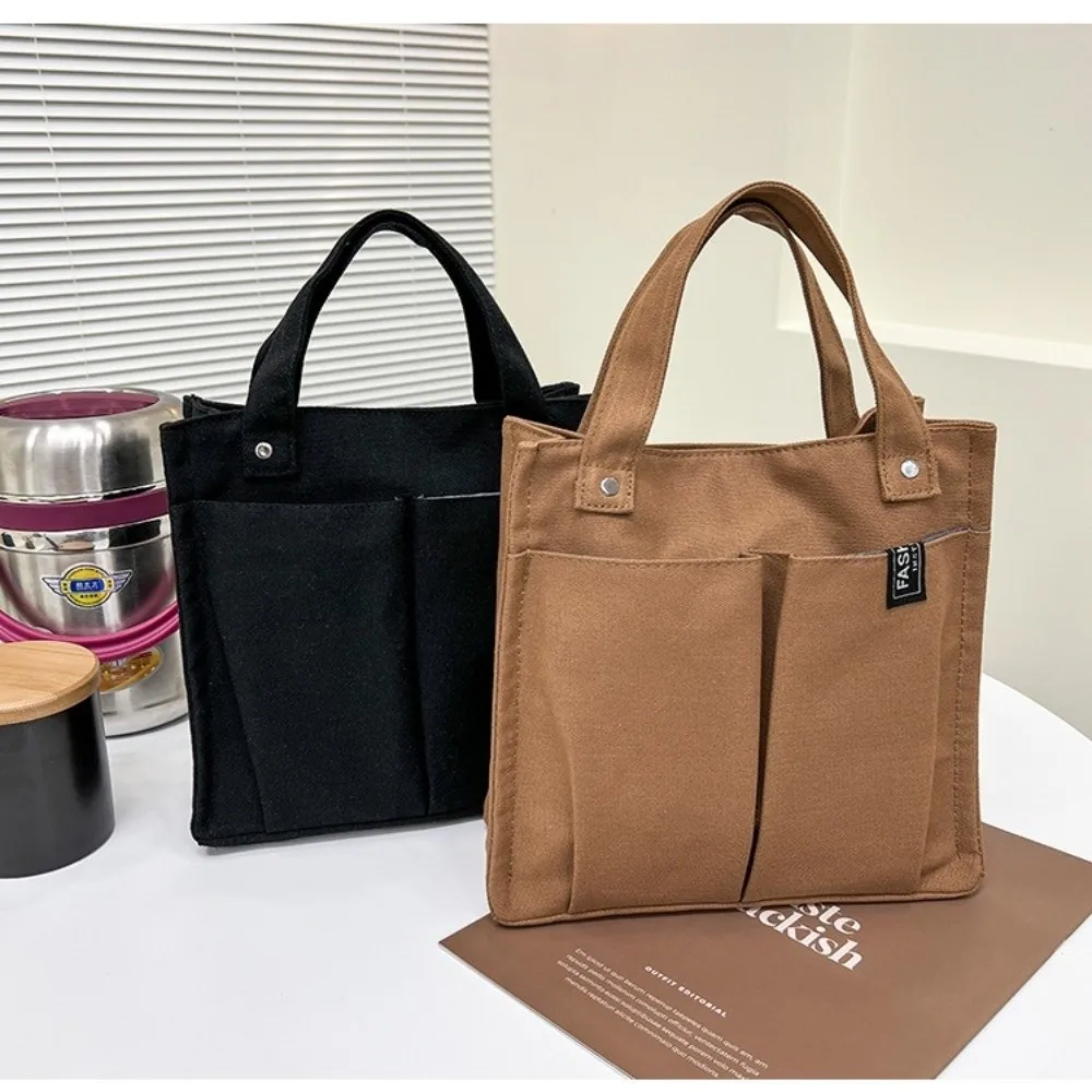 Casual Style Solid Color Canvas Handbag Multi Pocket Durable Handle Bag Eco-Friendly Lightweight Lunch Box Bag Daily Use