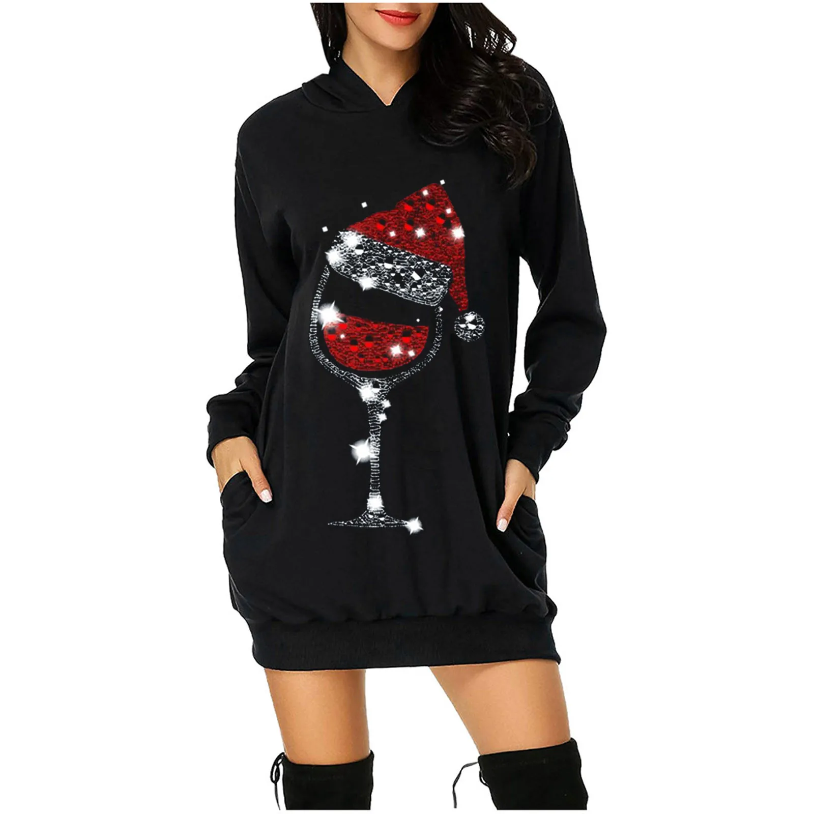 

Christmas Dress Women Plus Size Long Sleeve Dresses for Women Holiday Party Casual Hooded Mini Pullover Dress Vestidos de Fiesta