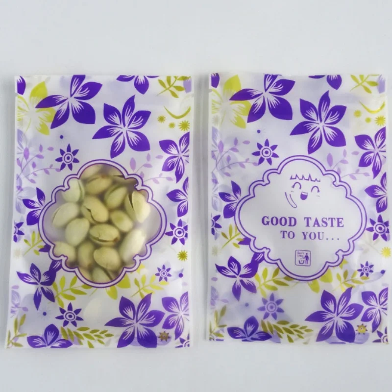 100PCS Matte Purple Plastic Ziplock Window Bag DIY Matcha Cocoa Coffee Snack Cookies Biscuit Dates Sugar Candy Storage Pouches