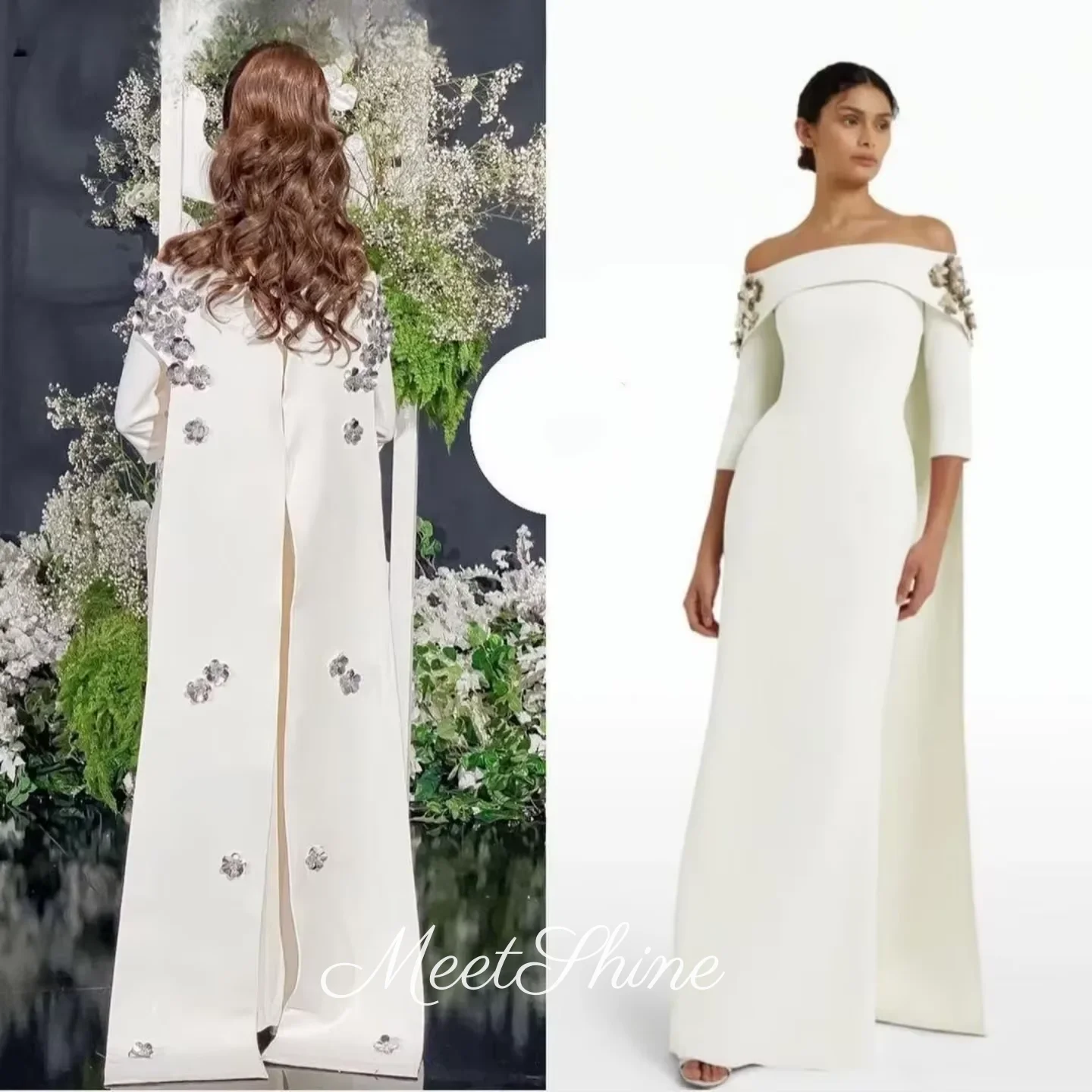 

White Flower Prom Dress Long Sleeves Off Shoulder Evening Dress Women Elegant Saudi Arabia Wedding Dress Ball Gown Customized