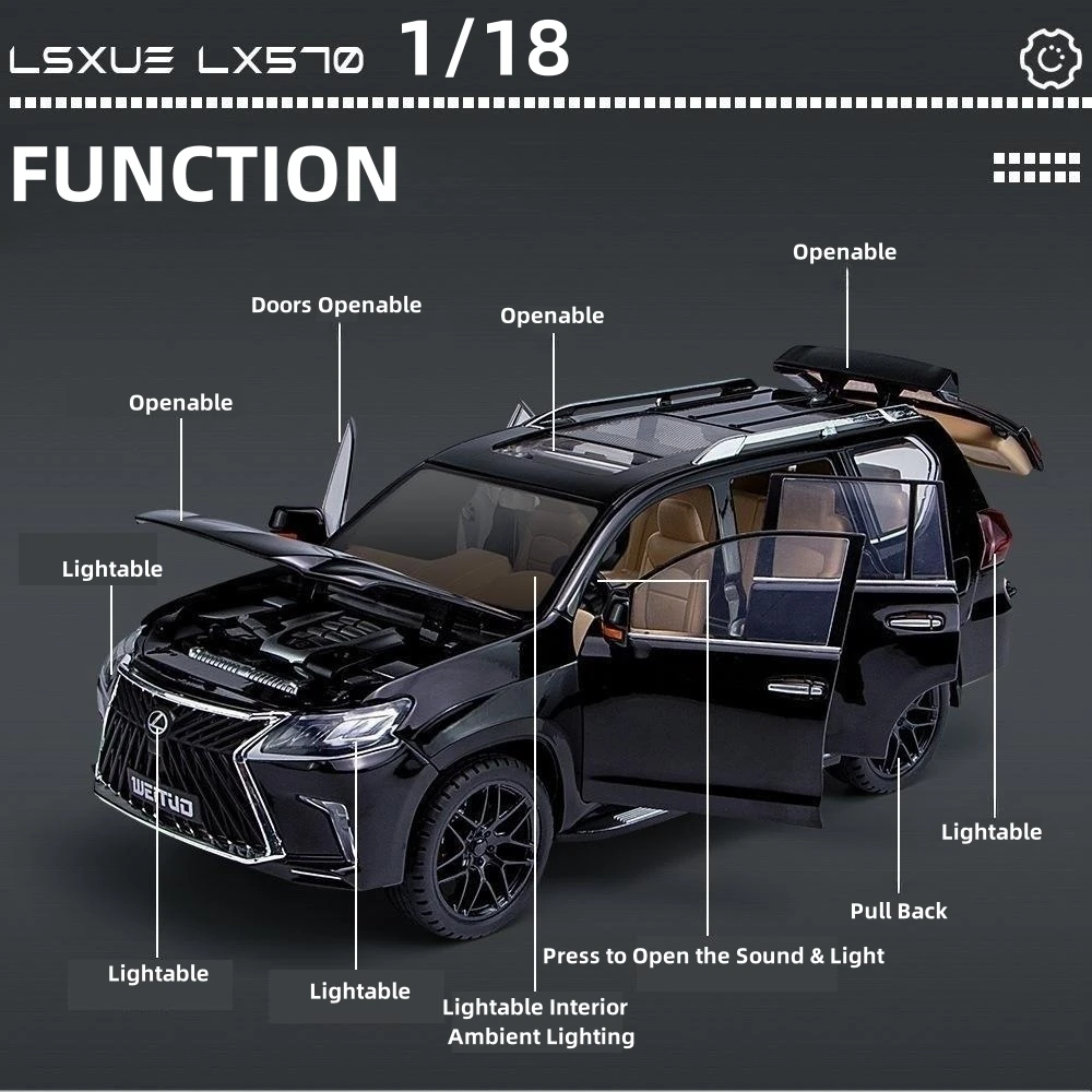 1/18 Lexus LX570 SUV Sport Toy Car Diecast Metal Model miniatura Pull Back Sound Light Doors collezione apribile regalo per bambini