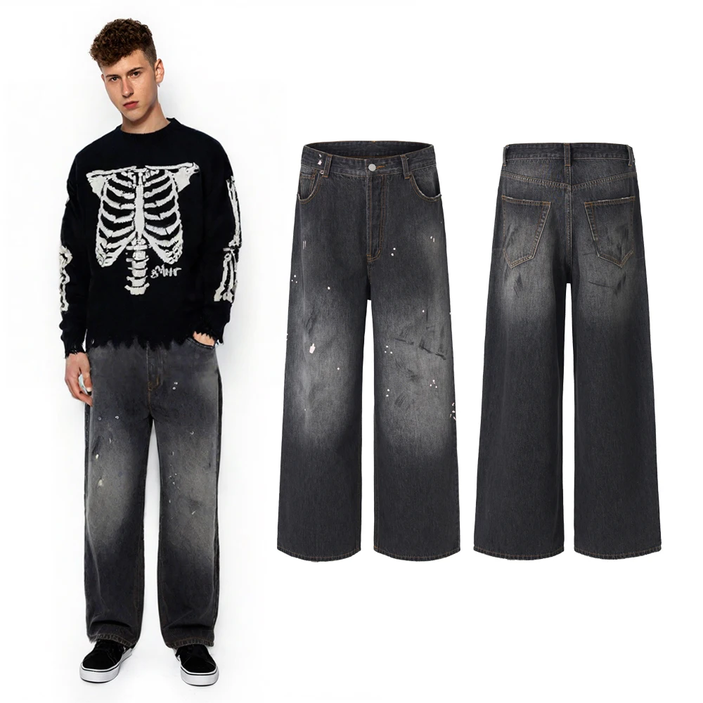 

Street Style Clothing Black Flared Jeans Distressed Ripped Hiphop Street Wear Cotton Casual Retro Vintage Baggy Jeans Wide Pants