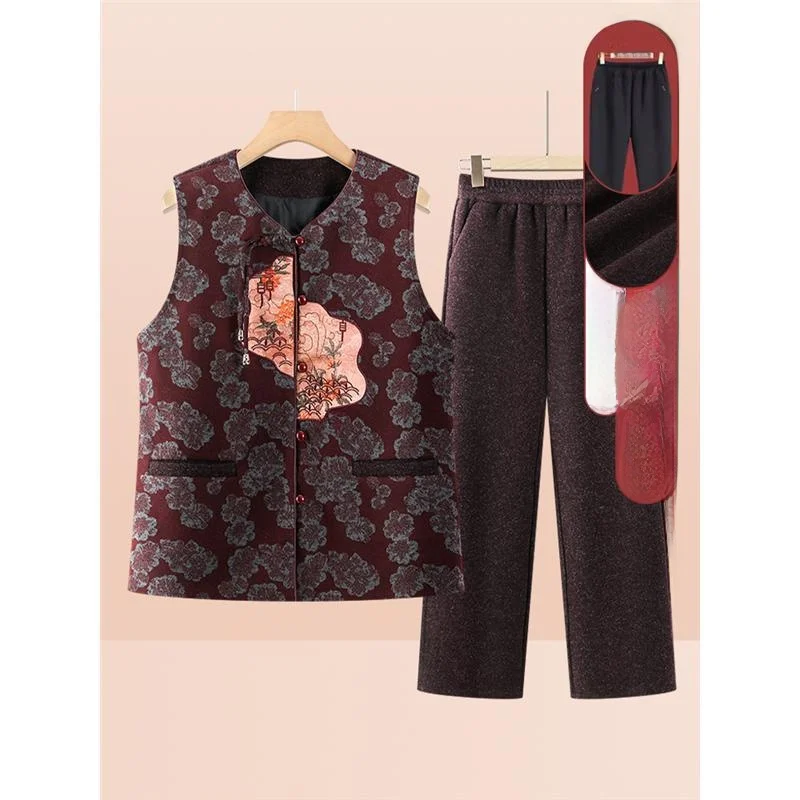 Warm Commuter Sle Women's Vest Set ly Lady Outerwear Mom 80 Years Old andma Autumn Clothes Thiened round Ne Design