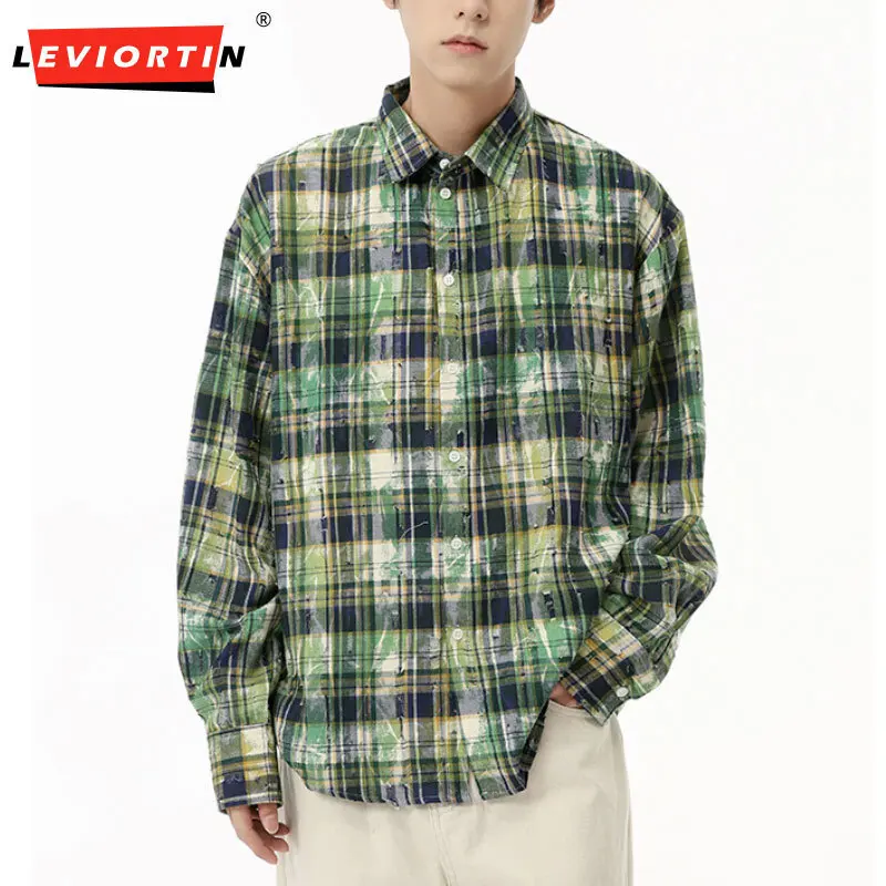 

Brushed Check Shirts Men Blue Plaid Long Sleeve Oversized Shirts Male Wear Autumn Niche Plaid Dyeing Collision Color Loose Shirt