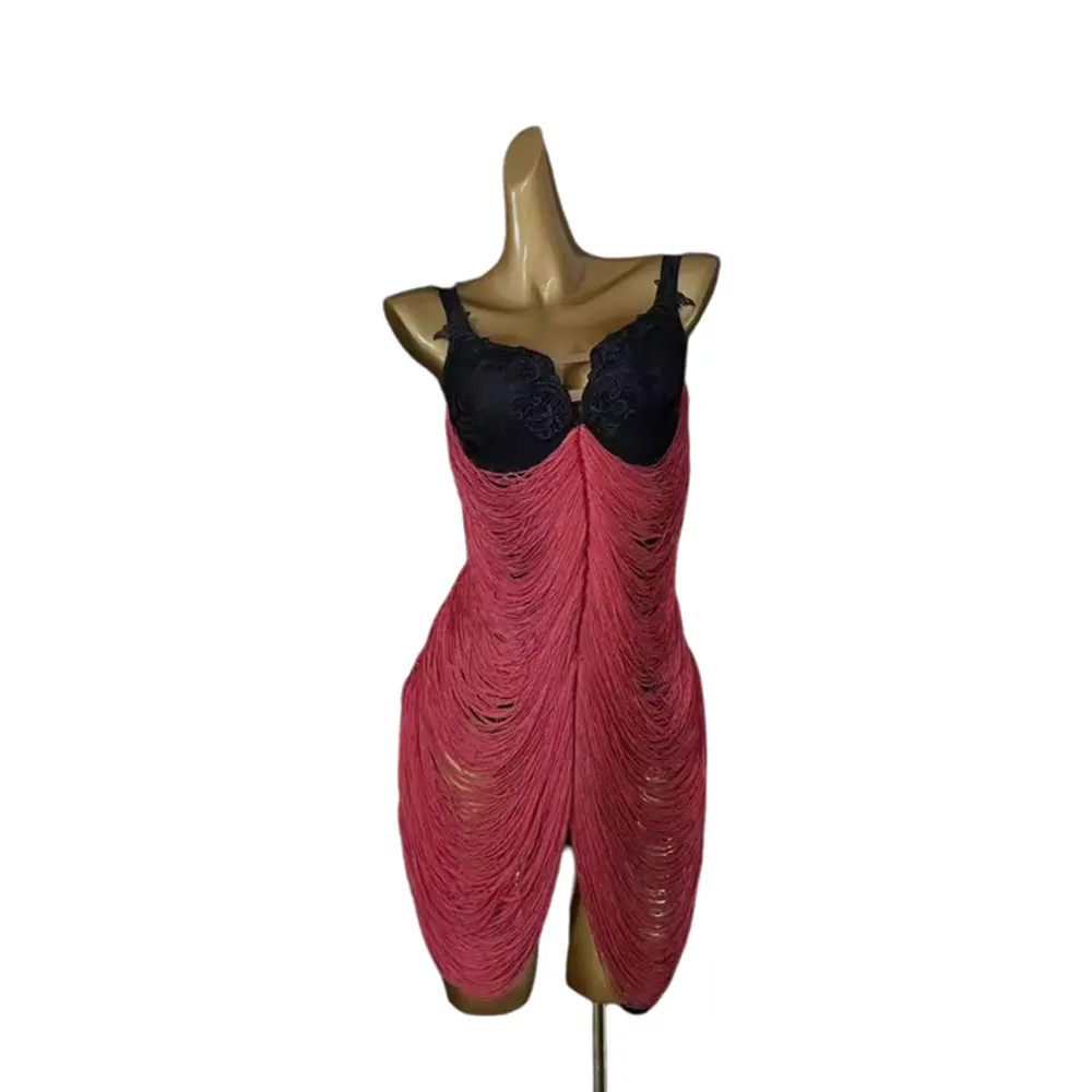 Latin Dance Dress High-end Custom Contrasting Lace Long Sleeved Tassel Cha Cha Tango Female Adult Stage Professional Clothing