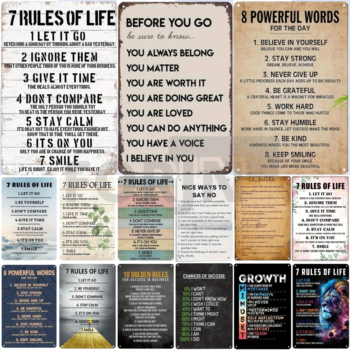 Inspirational Phrases Metal Sign-10 Golden Rules-7 Rules of Life-Success Notes-English Poster for Company Office Wall Decor
