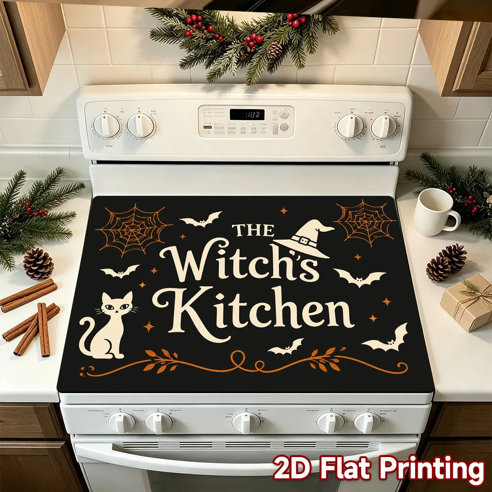 The Witch's Kitchen Cat Bat Spiderweb Print Stove Top Cover Mat, Non‑Slip Washable Cooktop Pad Home Kitchen Electric Stove Decor