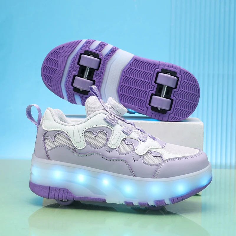 Children Four Wheels Luminous Glowing Sneakers Black Pink Led Light Roller Skate Shoes Kids Led Shoes Boys Girls USB Charging