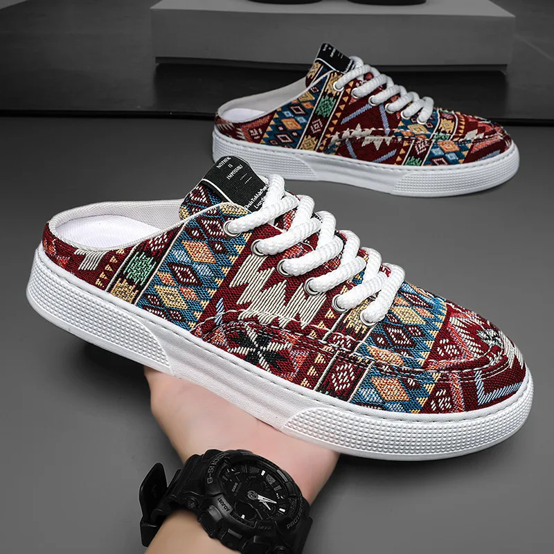 

Men's Half Shoes New Summer Fashion Lace Up Casual Shoes Mixed Colors Ethnic Comfortable Canvas Shoes Lightweight Men's Sneakers