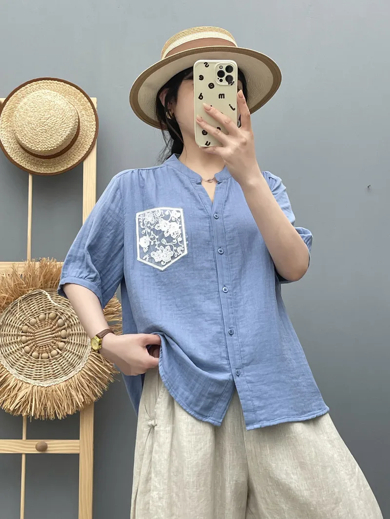New 2025 Summer Cotton Yarn Half Sleeve Shirt, Women V Neck Lace Pocket, Mori Girl French OL Comfortable Loose Blouse T56687CC