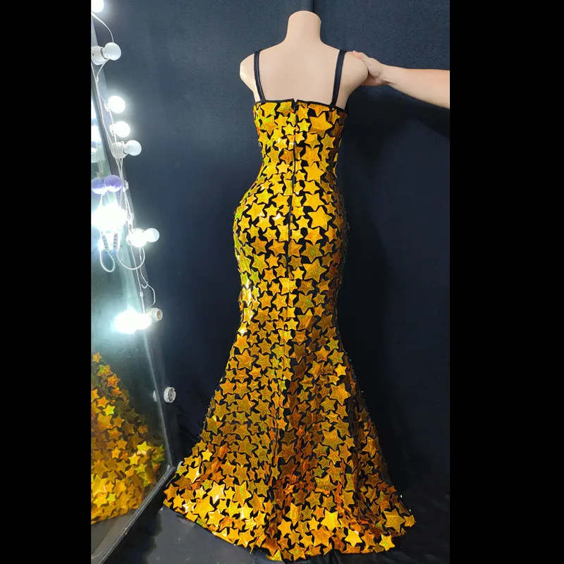 Disfraz de cantante con diseño de estrella dorada brillante, vestido largo con tirantes divididos y espejo láser, ropa de actuación para fiesta de cumpleaños y espectáculo