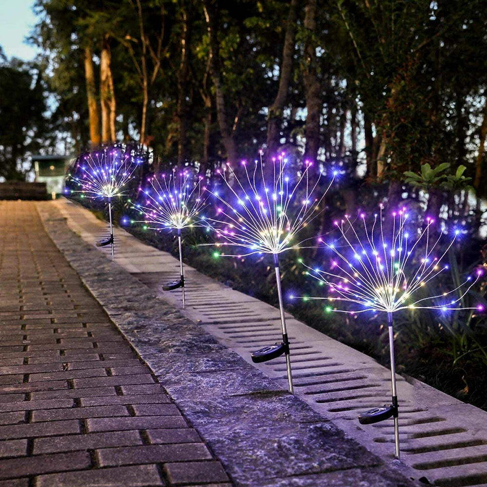 Luz de estaca Starburst de fuegos artificiales alimentada por energía Solar, luz blanca cálida para jardín, iluminación exterior, Multicolor, 150 LED