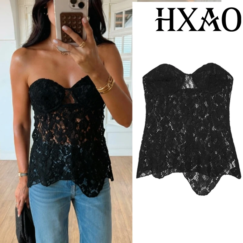 HXAO Corset Black Tube Top Women Strapless Lace Crop Top Summer Female Semi-Sheer Party Tops For Woman Asymmetric Backless Top
