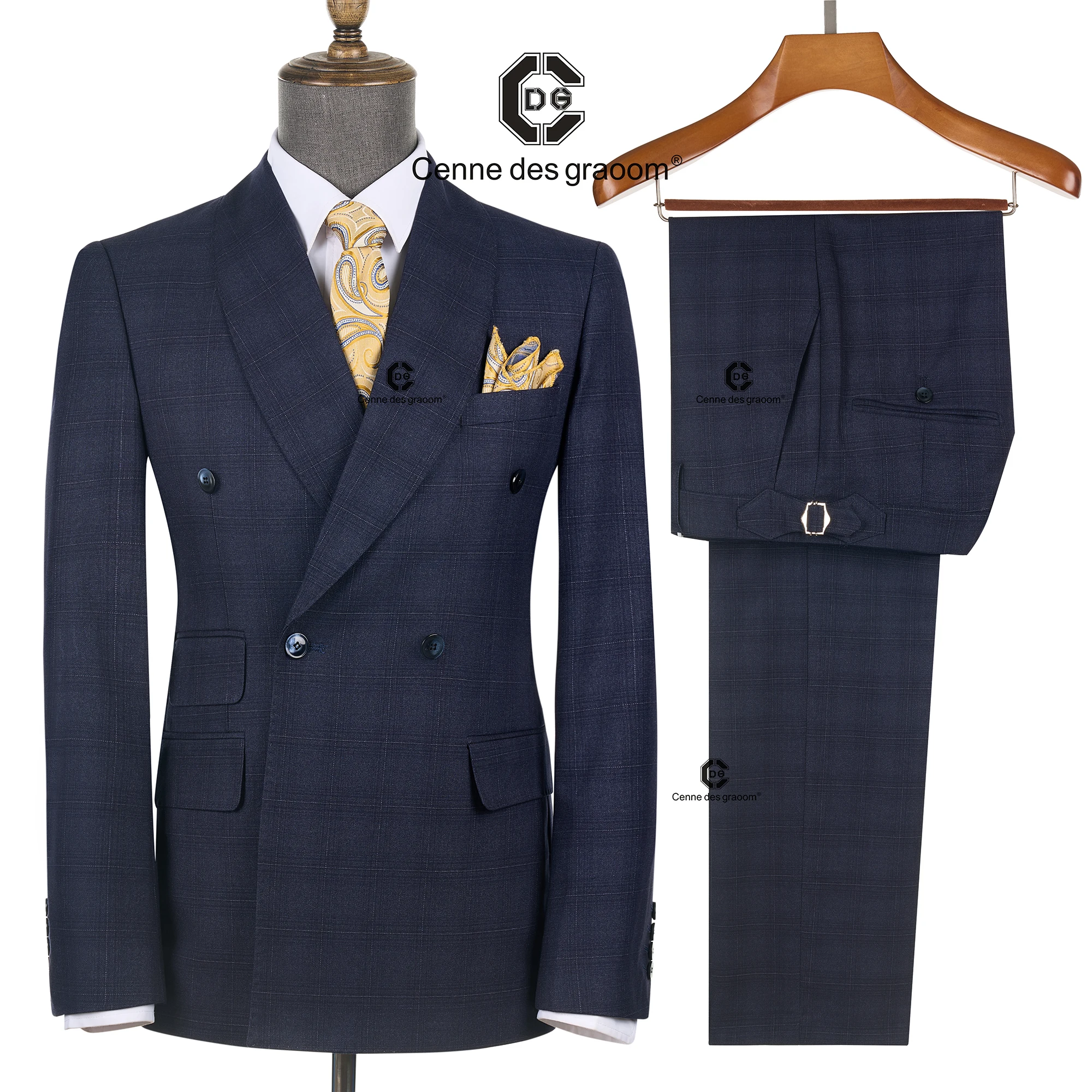 

Cenne Des Graoom 2026 Blue Plaid Double Breasted 2 buttons Men Suits With Shawl Collar Tailor-Made Meeting Office Wear Wedding