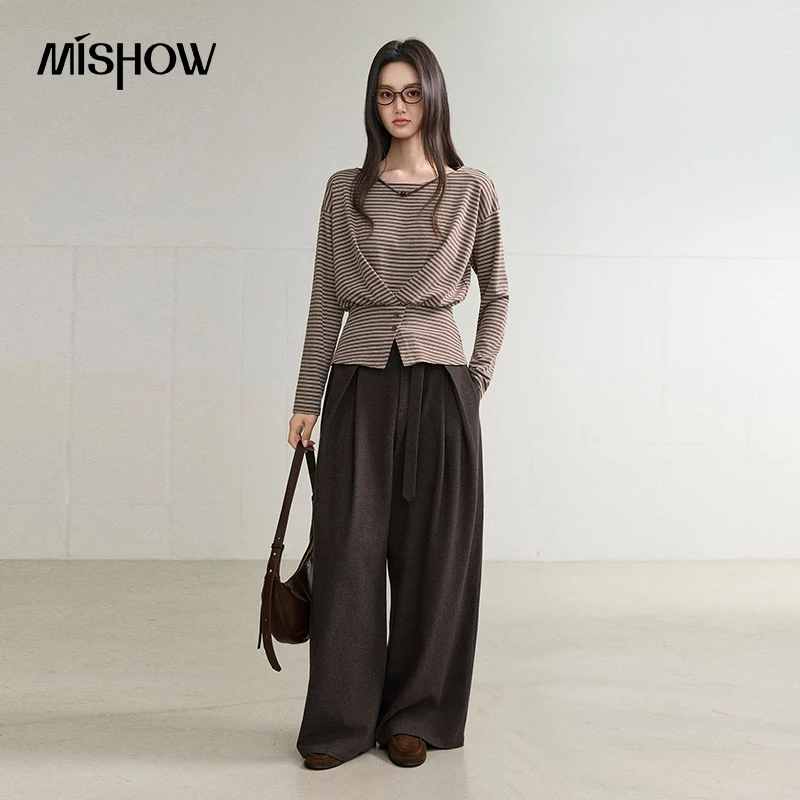 MISHOW Korean Striped Knit Long Sleeve T-shirt 2026 Autumn Bead Neckline Twisted Waist Tees Slim Casual Fashion Tops MXF44T3181 image 5