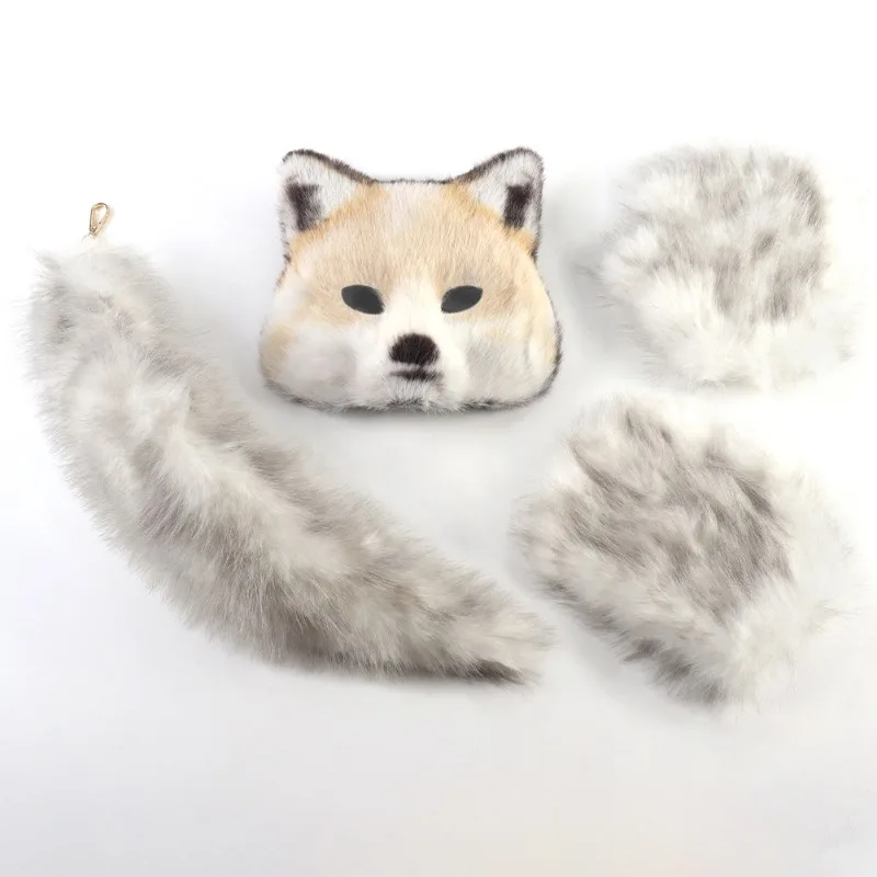 Fluffy Fur Fox Tail Keychain Cat Paws Gloves and Wolf Therian Mask Set for Halloween Cosplay Costume Accessories