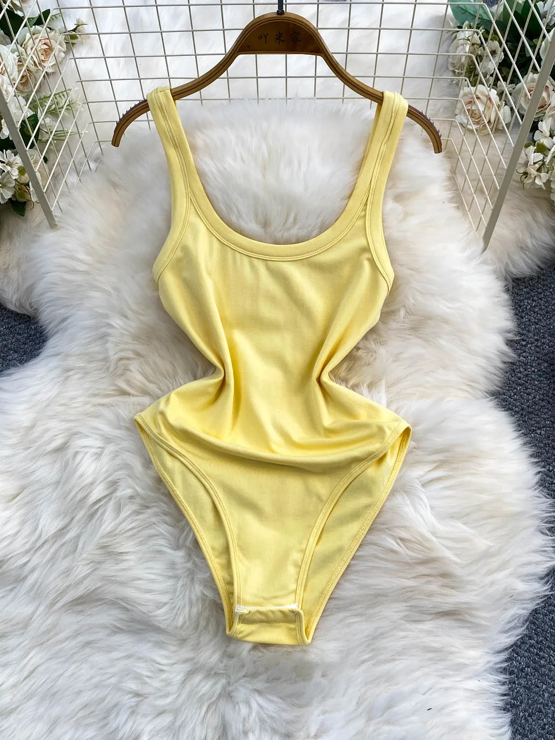 

Simple Color U-Neck Strapless One-Piece Swimsuit Women's Summer Knitted Slimming Curves Bodysuit High Waist Shorts
