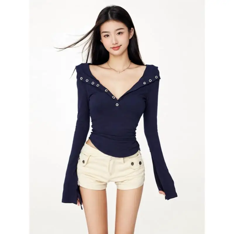 

Топы с v-образным вырезом для девочек, модная модная футболка для самосовершенствования, сексуальная внутренняя одежда с лацканами и талией, студенческая осенняя дизайнерская футболка Sense