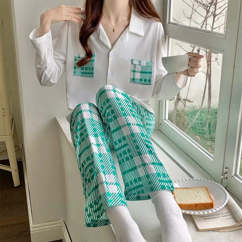 Women 2 Pieces Pajamas Sets 100% Cotton Pijama Plaid Female Pyjama Sleepwear Long Sleeve Shirt Pants Suit Homewear Loungewear